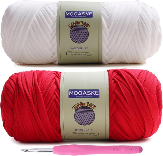 2 Pack T-Shirt Crochet Yarn for DIY Knitting Crochet Cloth Blanket Bag Dolls - 400g Chunky Thick Yarn for Crocheting with Polyester-Spandex Blend Elastic Fabric (White+Red)