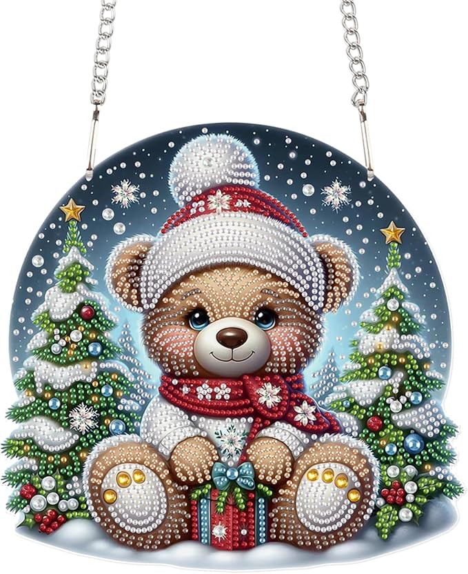 Christmas Diamond Painting Hanging Ornament Kit, 5D DIY Crystal Diamond Art Pendant with Bear Doll and Christmas Tree, Wall, Window & Door Decoration for Adults, Home Holiday Gift, 24.1 x 23.1 cm