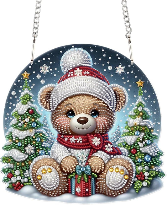 Christmas Diamond Painting Hanging Ornament Kit, 5D DIY Crystal Diamond Art Pendant with Bear Doll and Christmas Tree, Wall, Window & Door Decoration for Adults, Home Holiday Gift, 24.1 x 23.1 cm