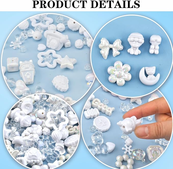 ABONDEVER 245-300Pcs Assorted Acrylic Beads for Bracelets Making Cute Star Bow Flower Candy Heart Gummy Bear Butterfly Beads for DIY Jewelry Crafts Keychain Necklace Phone Charms(White)