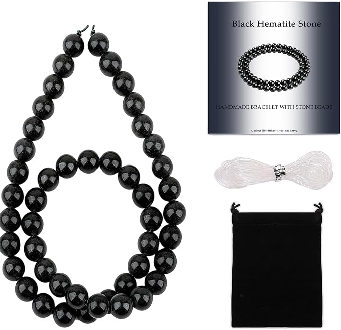 Stone Beads, 45pcs Black Hematite, 8mm Round Loose Beads for Jewelry Making, Bracelets, with Bag, String & Card