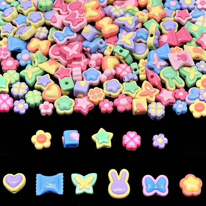 Assorted Acrylic Beads for Bracelet Making kit, 200g+ 11-Style, Pony Candy Kawaii Charms Beads DIY Craft Supplies for Jewelry Keychain Necklaces(Mixed III Candy Color, 145+Pcs, 0.45lb.)