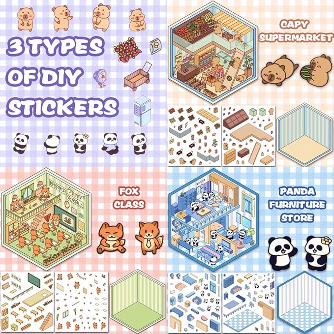 Scrapbooking Supplies Kit,DIY 3D Stickers Scene,3 Set Funny DIY Sticker Scenes,Make Your Own Cute 3D Miniature Room Scene Stickers for Adults Relief Stress Pass The Time.14-15-16