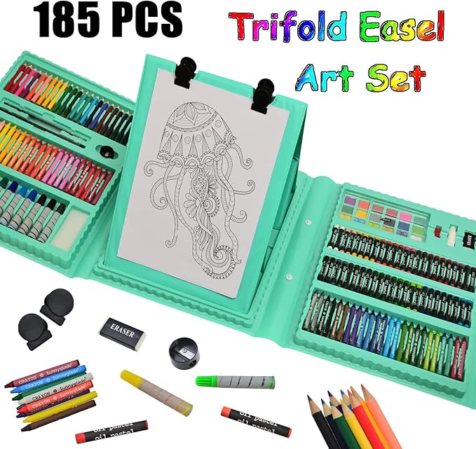 Sunnyglade 185 Pieces Double Sided Trifold Easel Art Set, Drawing Art Box with Oil Pastels, Crayons, Colored Pencils, Markers, Paint Brush, Watercolor Cakes, Sketch Pad (Green)