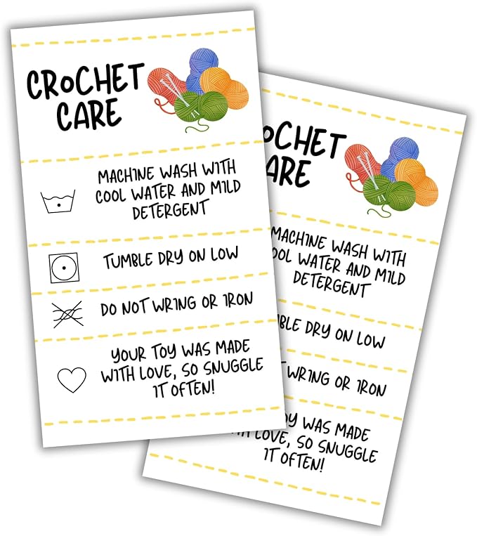 Crochet Care Instruction Cards | 50pk 2x3.5” RAOK Random Acts of Kindness Tags Yarn Plush Doll Scarf Don’t Choke People Loaf Pattern DIY Crafters Knitting