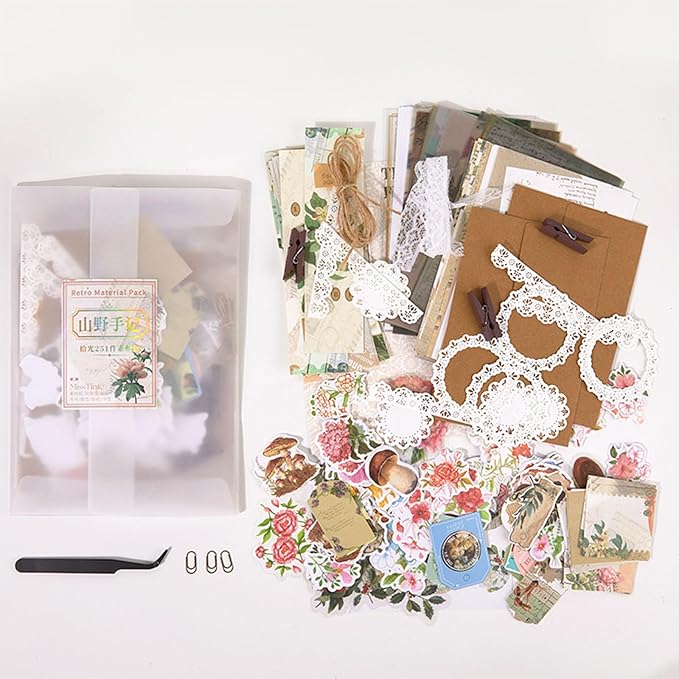 Esweny 251PCS Vintage Scrapbook Supplies Pack, Scrapbooking Paper and Stickers Ephemera Bundle Junk Journal Kit for Art Aesthetic Journaling Collage Decoupage Craft (Mountain and Fields)