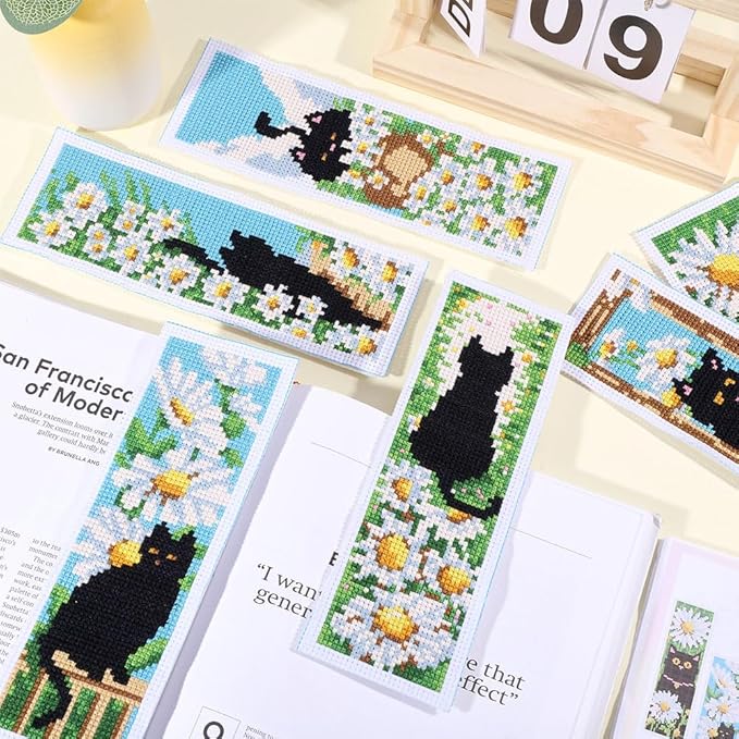 ORIGACH 6 Pcs Cross Stitch Bookmark Kit for Beginner Adults with Backing Felt Floss Instruction, Cat and Daisy Stamped Embroidery Bookmark Kit for Starters Book Lovers