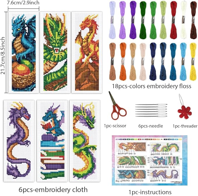 INFUNLY 6 Set DIY Cross Stitch Bookmark Kit Loong Cross Stitch Kits 8"x2.4" Pre-Printed Dragon Stamped Embroidery Bookmark Kit with Instructions for Beginners Book Lovers Adults Gift