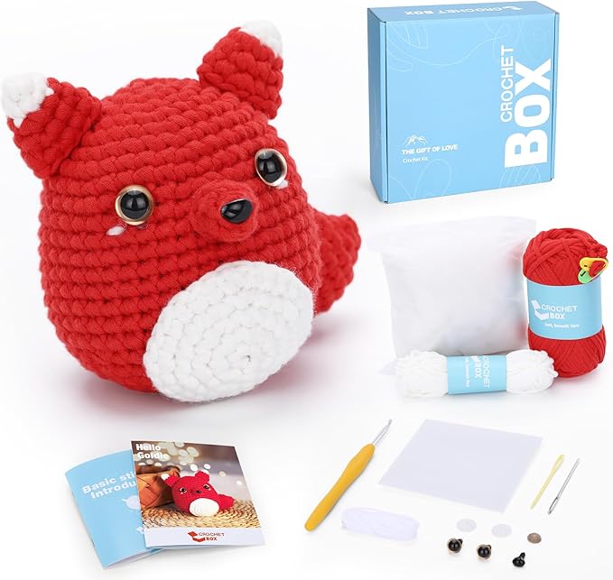 Crochet Kit for Beginners - Fox Crochet Kit, Learn to Crochet, All You Need in, Step-by-Step Video Tutorial, Instruction, Soft Yarn, Holiday, Birthday Gift for Adults, Teens