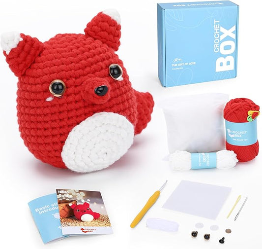 Crochet Kit for Beginners - Fox Crochet Kit, Learn to Crochet, All You Need in, Step-by-Step Video Tutorial, Instruction, Soft Yarn, Holiday, Birthday Gift for Adults, Teens