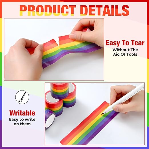 Eaasty 4 Rolls Rainbow Washi Tape 2 in x 9.84 yd Vibrant Bright Colors Pride Tape DIY Arts Crafts Journal Scrapbook Rainbow Sticker Gift Wrapping Gay Progress Stripe Flag LGBTQ Gift Parade Decoration