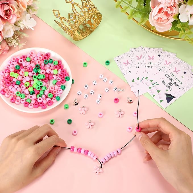 Ferreve 24 Sets Pink and Green Party Favors Witch Bead Bracelets Friendship Crafts Kit for Witch Princess Birthday Party Activities Jewelry Making Gifts