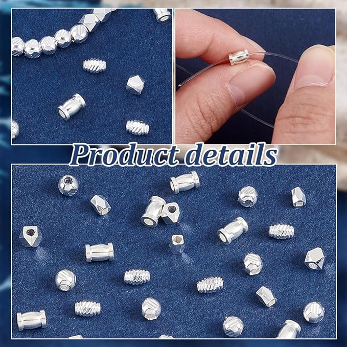 PH PandaHall 50pcs 5 Styles 925 Sterling Silver Plated Spacer Beads, 4~6mm Brass Loose Bead Round Faceted Spacers Cylinder Stackable Spacers for Bracelets Necklaces Jewelry Making DIY Beading Crafts