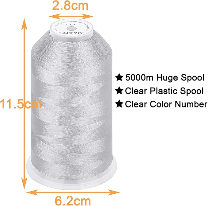 New brothread - Single Huge Spool 5000M Each Polyester Embroidery Machine Thread 40WT for Commercial and Domestic Machines - Silver Gray (Janome Color)