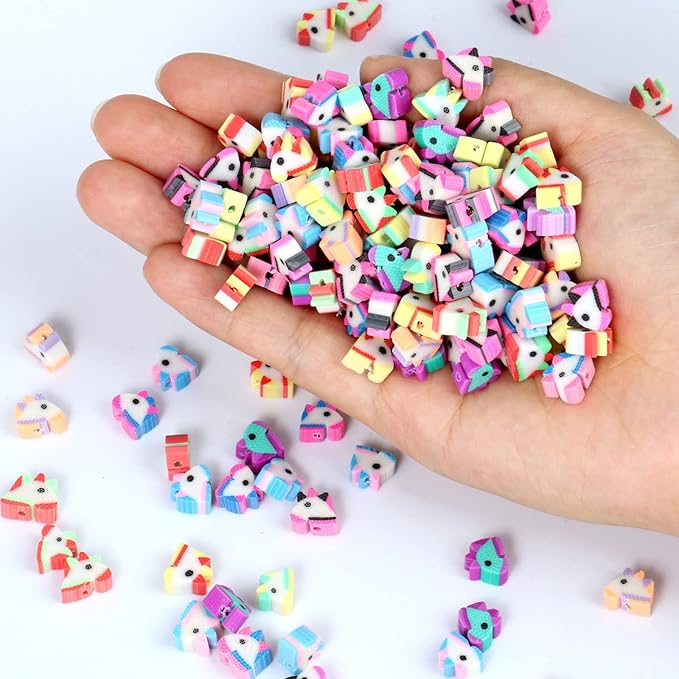 200PCS Colorful Unicorn Polymer Clay Beads 10mm Mixed Handmade Polymer Clay Spacer Beads Kit Bulk for Jewelry Making DIY Bracelet Necklace