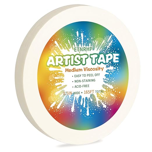 White Art Tape Medium Tack Artist Masking Tape Paper Acid Free Tape Watercolor Painters Tape Artists Tape for Drafting Art Watercolor Painting Canvas Framing, 0.5 inch Wide 165FT Long