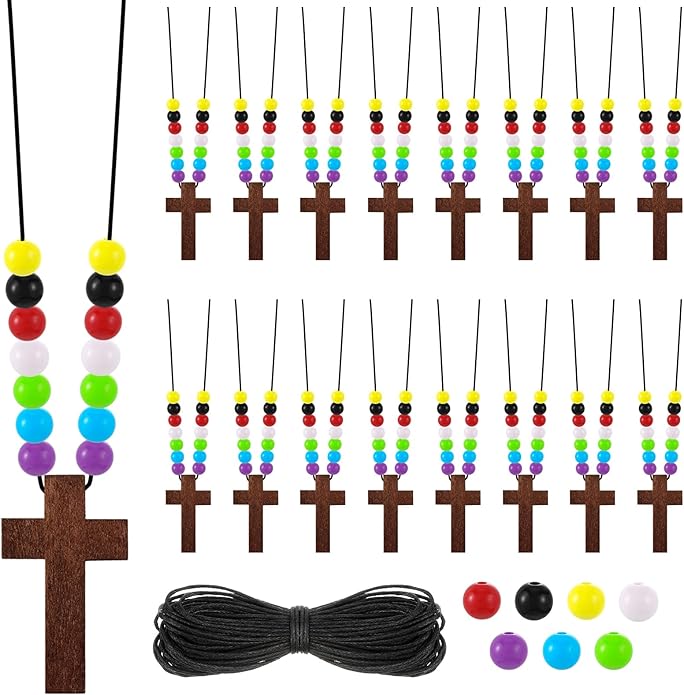 Kathfly DIY Wood Cross on Cord Pendant Necklace Sunday School Crafts for Kids Wood Cross Necklace with Colorful Beads Religious Party Favor for Vbs Church Easter Gifts