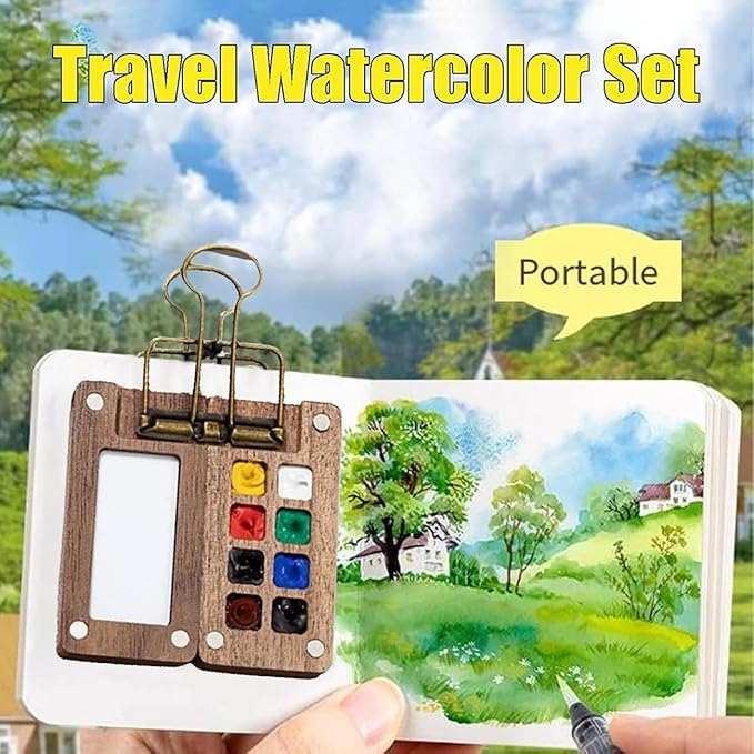 Mini Watercolor Travel Paint Set, Travel Watercolor Set, Portable Artist Palette Sets with Colours, Book,Binder Clips,Pens,Wooden Paint Box for Painters Artists Student (8 Grids)