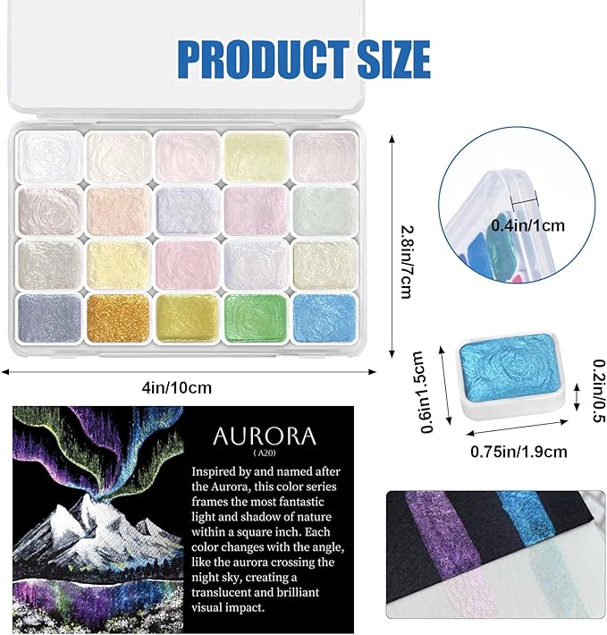 Mini Glitter Watercolor Paint Set, 20 Colors Shimmer Metallic Watercolour Painting Sets, Solid Pearl Water Color Paints for Adult, 1ml Trial Pack (Aurora)
