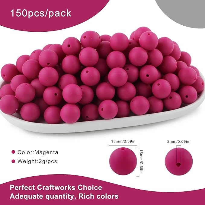 150Pcs 15mm Silicone Beads for Keychain Making Bracelet Necklace, Bulk Round Silicone Beads for Pens(Magenta)