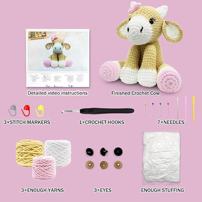 codgp crochet kit for beginners,11.8in crochet animal kit cow,crochet starter kit gift for adults kids with yarn sets,amigurumi crochet kit with step-by-step video tutorials