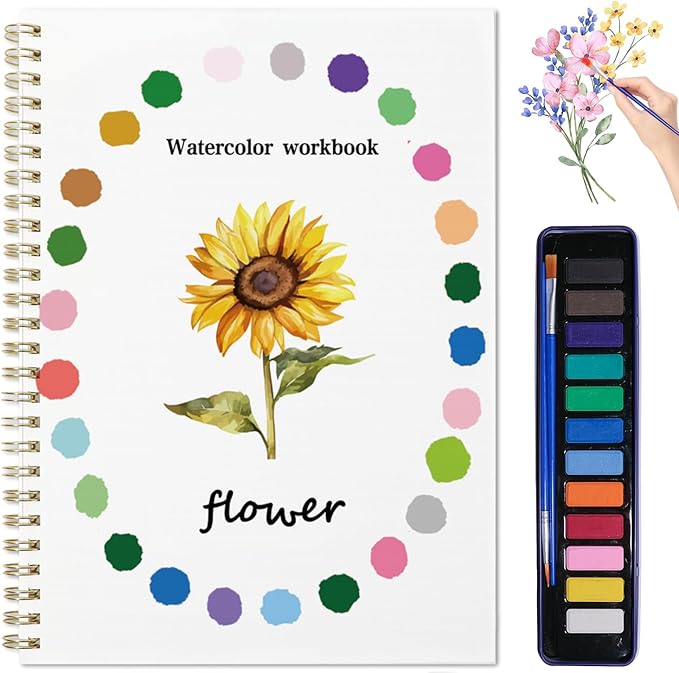 Beginner Watercolor Painting Kit Watercolor Workbook Coloring Book 12 Colors Paint Set with Brush, Easily Master Beginner Friendly Watercolor Paint Set Gift for Adults Teens. (Flowers)