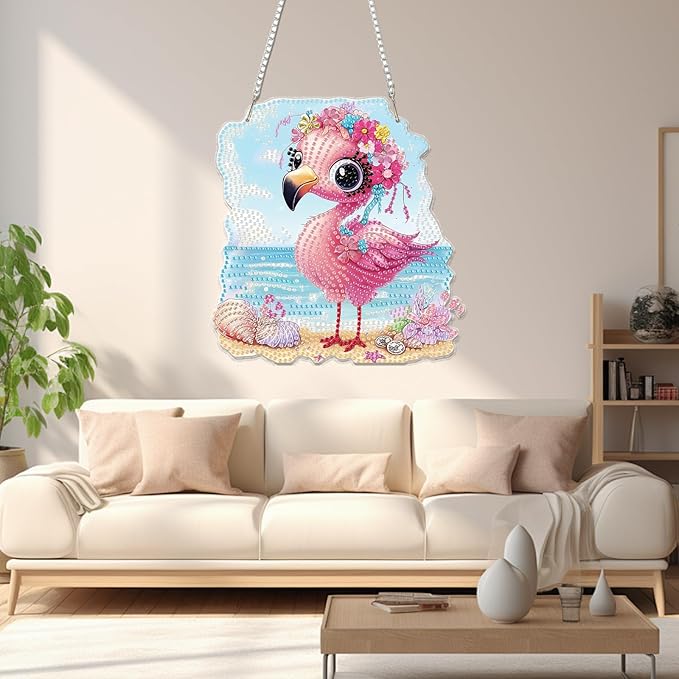 Miwixy Flamingo Hanging Diamond Art,Pink Flamingo Beach Special Shaped Crystal Christmas Diamond Painting Ornament Kit DIY Double-Sided Pattern Window Pendant Gem Art Kit for Home Wall Decor
