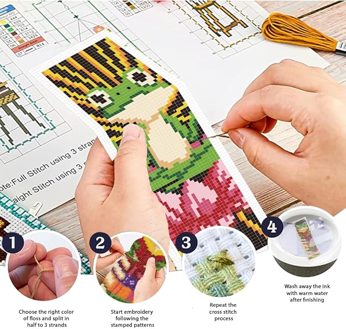 ORIGACH 6 Set Frog Cross Stitch Bookmark Kit for Beginner with Backing Felt Floss Instructions DIY Stamped Embroidery Bookmark Kit for Adults, Book Lovers