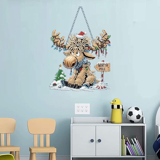 NEGEKFKX Christmas Diamond Art Hanging Pendant Kits, Deer Special Shape Diamond Art Kits for Adults,Double Sided Hanging Acrylic Ornament Kit,Pendants Home Garden Wall Hanging Kits Hanging Ornament