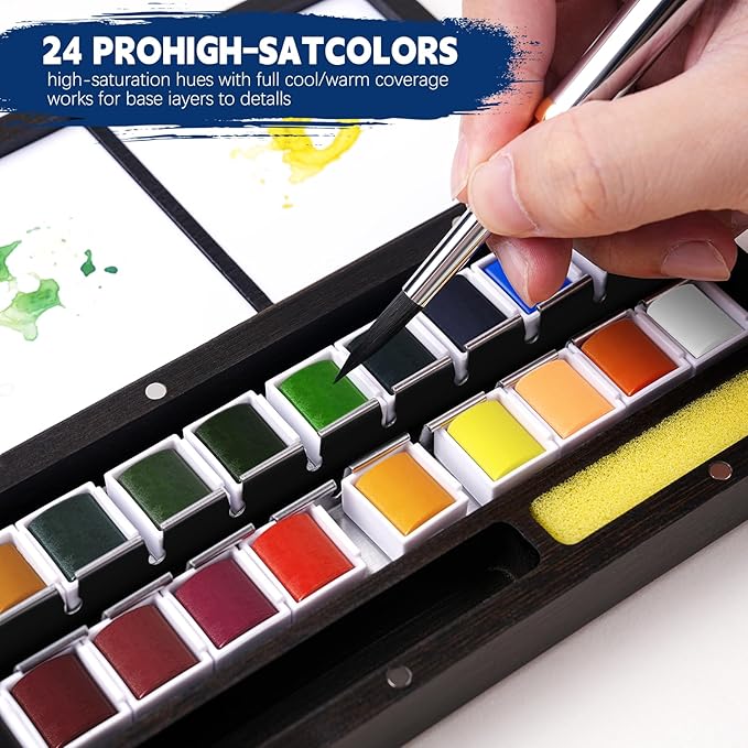 Fuumuui Watercolor Paint Set, 24 Watercolor Paints with Dual Tip Travel Watercolor Brushes Wooden Palette, Art Supplies for Painting, Travel Watercolor Set, Amateur Hobbyists