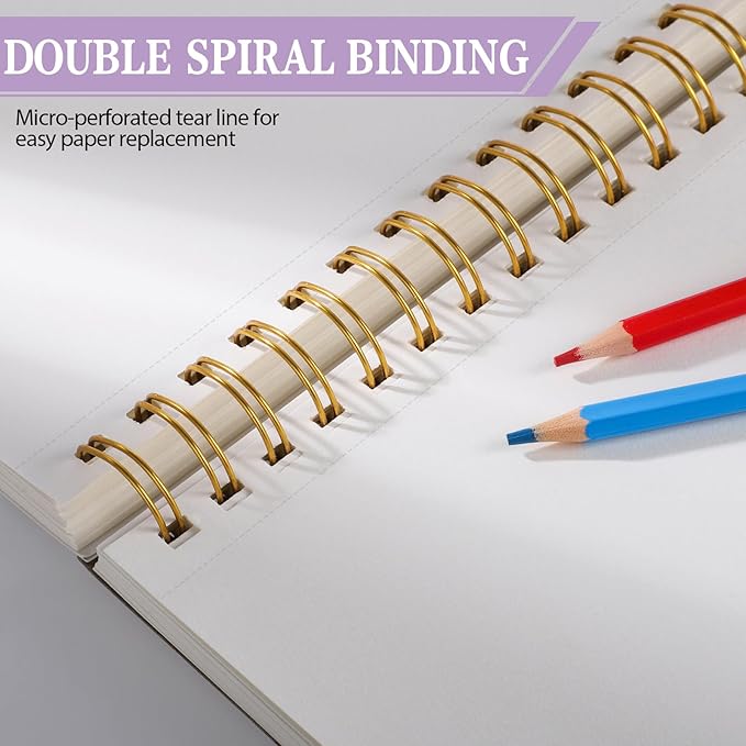 Sketch Book with 12 Color Pencil Set, 90 Sheets Spiral Sketchbook for Drawing (68lb/100gsm), Acid-Free Sketch Pad for Artist, Art Paper Drawing Supplies for Gifts(Purple)