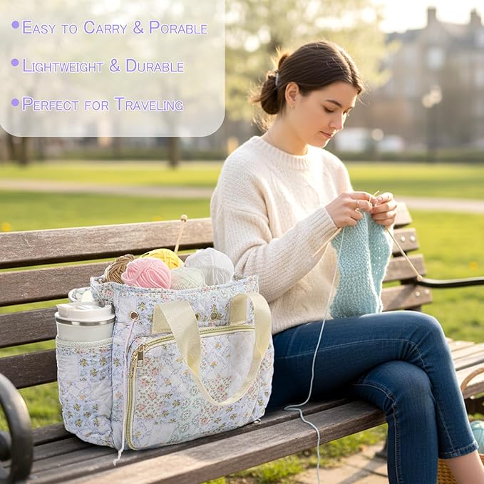 SilTriangle Large Floral Quilted Crochet Knitting Bags and Totes Organizer Cotton Yarn Hook Bag Holder Christmas Corduroy Gift for Crochet Lover Crocheting Accessories, Needle with Zipper, Size M