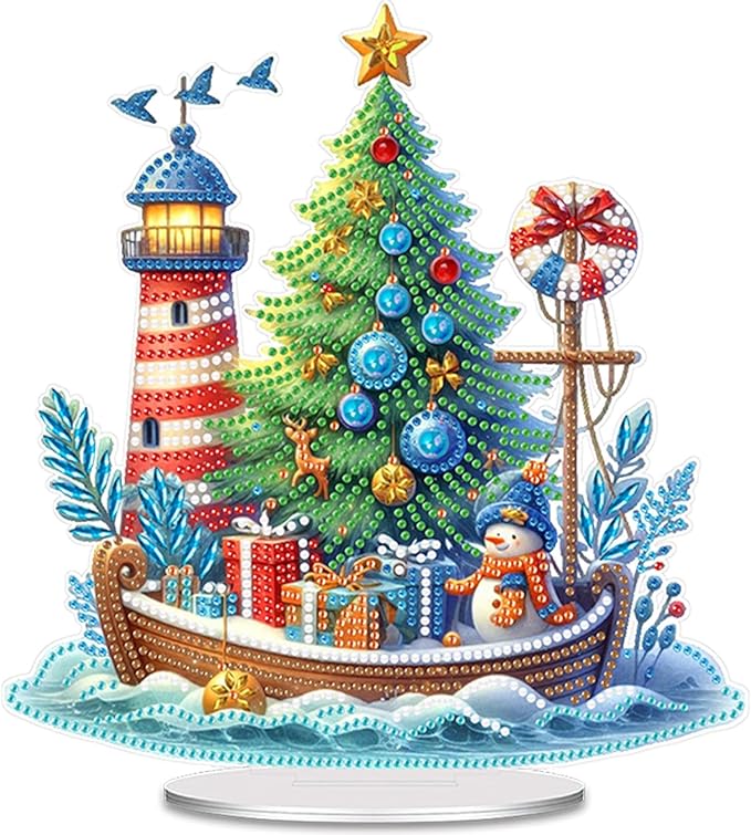 LAKEQUILL Christmas Tree Diamond Art Painting Kits for Adults,5D Xmas Boat Stand Up Tabletop Ornament for Home Office Desk Decor, DIY Diamond Art Gifts for Women, Men, Complete Tools Included