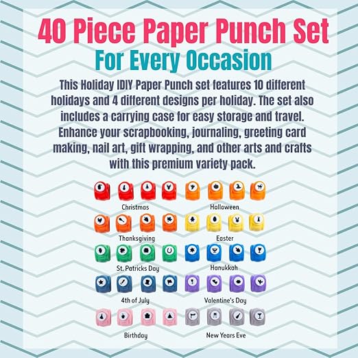 Every Occasion Year Round Scrapbook Paper Holiday Punchers- 40 Unique Designs for Easter, Birthdays, 4th of July, Halloween & More- DIY Confetti for Holiday Cards, Invitation, Decoration Making