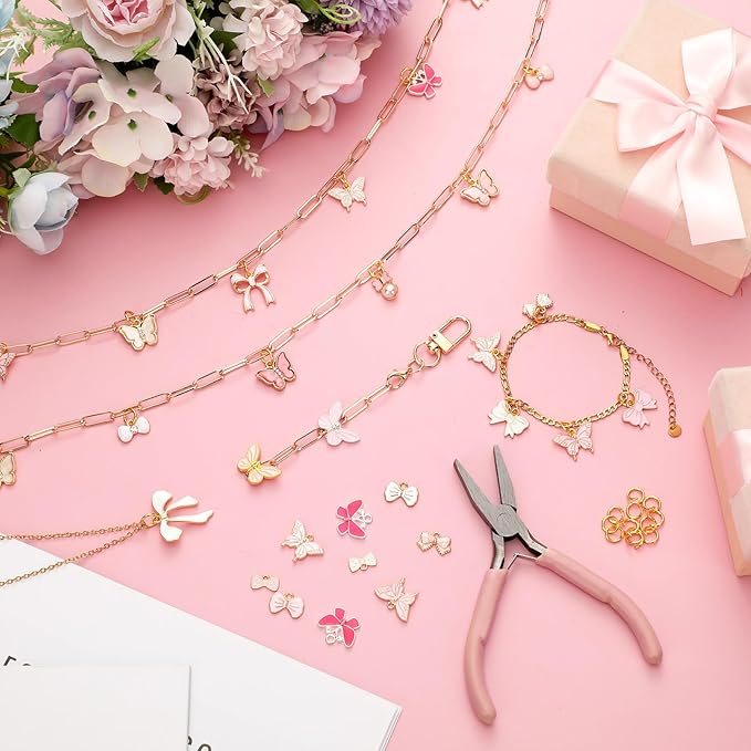 Quelay 91 Pcs Pink Bow Enamel Flat Charms Jewelry Making Kit Gold Keychain Making Kit for Necklace Choker Bracelet with Jewelry Pliers, Butterfly Bowknot Charms Pendants for Women DIY Crafts Supplies