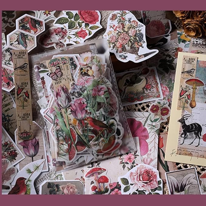 Alideco 200pcs Vintage Scrapbook Supplies Kit Kawaii Mushrooms, Flowers Scrapbooking Paper Washi Bullet Journals Planners Collage Album Aesthetic Cottagecore
