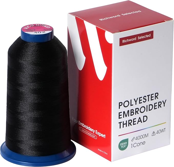 Poolin Embroidery Machine Thread Richword Selected Black 4000M 40WT Polyester Embroidery Thread – Smooth, Strong Single Spool for Home & Commercial Machines 0402