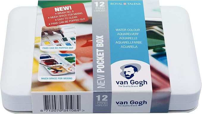 Van Gogh Watercolor Paint Set, Plastic Pocketbox, 12-Half Pan General Selection