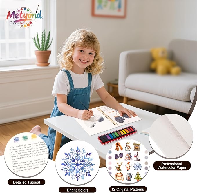 Metyond Beginner Watercolor Workbook Kit - Watercolor Painting Kit with 1 Workbook 12 Colors Paint Set with Brush, Beginner Friendly Watercolor Paint Set Gift for Adults Teens (Winter)