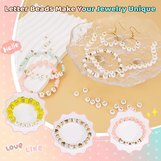 1400 Pcs Letter Beads Kit, 28 Styles White Acrylic Alphabet Letter Beads for Jewelry Making wiht Number Heart Bead Friendship Bracelet Kit