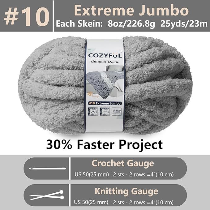 Chunky Yarn for Hand Knitting - #10 Chunky Chenille Yarn, Jumbo Big Thick Chunky Yarns for Crocheting, Super Bulky Chunky Knit Blanket Yarns, 8 Skein (25 yds 8 oz Each Skein), Light Grey