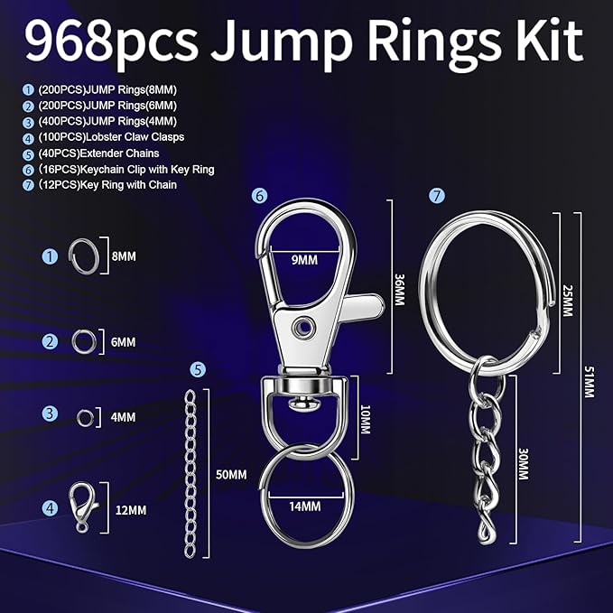 LEOBRO Jump Rings, 968pcs Keychain Making Kit, Keychain Clip and Key Ring, Key Chain Rings, Lobster Claw Clasps for Keychains, Charm Bracelet Jewelry, Silver