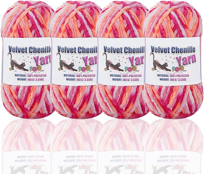 4 * 100g Fluffy Velvet Chenille Yarn for Crocheting and Knitting, Handcrafts Weaving Soft Chenille Yarn for Crocheting Clearance, Used for Making Baby Yarn Blanket, Clothes, DIY Craft (Colorful - G)