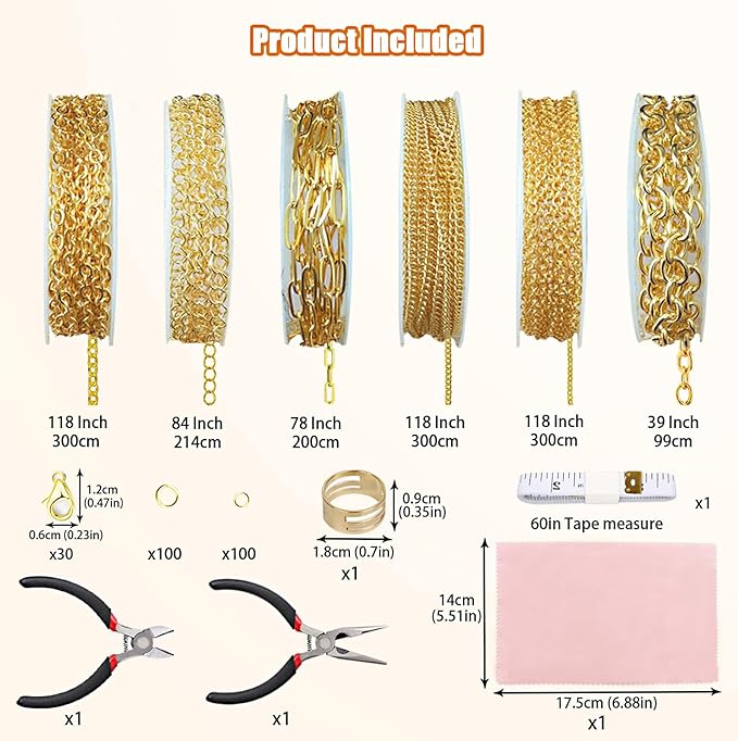 Fesorsi Gold Necklace Chain for Jewelry Making, 46ft 6 Style Rolled Steel DIY Jewelry Chain Roll Bracelet Bulk Link Plated Permanent for Earring Anklet Craft with Jump Ring, Lobster Clasp, Pliers