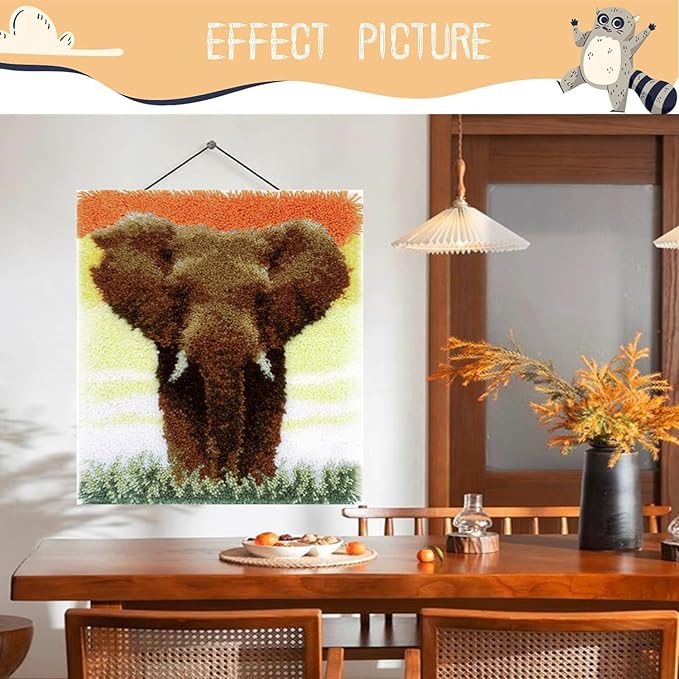 Latch Hook Kits for Adults - DIY Latch Hook Rug Kits, Crochet Kit for Beginners, Rug Making Kits with Printed Canvas, Gift Packaging. (Elephant,15x21)