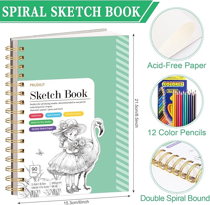 Sketch Book with 12 Color Pencil Set, 90 Sheets Spiral Sketchbook for Drawing (68lb/100gsm), Acid-Free Sketch Pad for Artist, Art Paper Drawing Supplies for Gifts(Green)