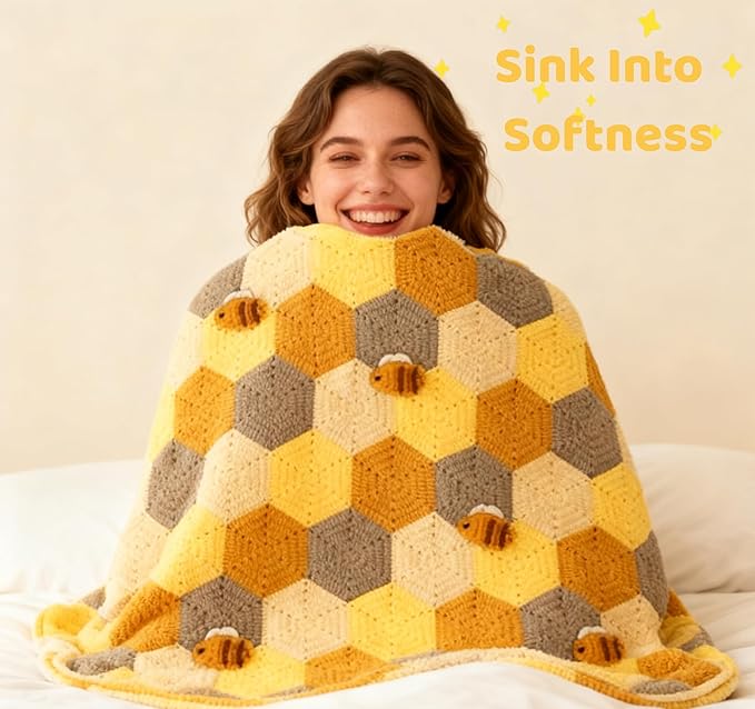 Arborthread Crochet Blanket Kit for Beginners, Honeycomb Beginner Knitting Kit w/Step-by-Step Video & Instructions for Adults & Kids