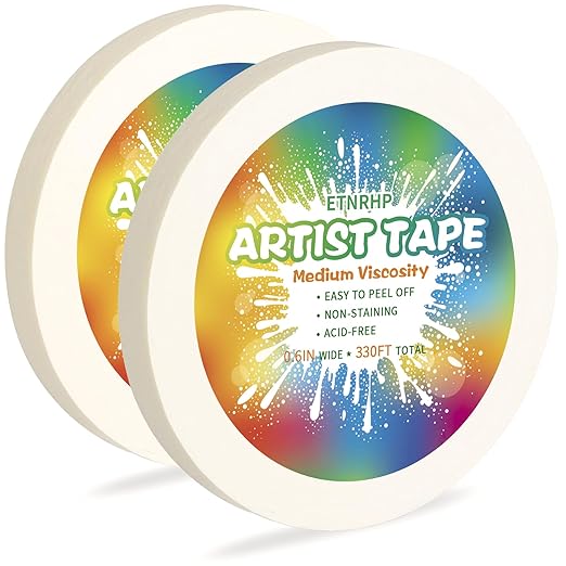2 Packs White Art Tape Medium Tack Artist Masking Tape Paper Acid Free Tape Watercolor Painters Tape Artists Tape for Drafting Art Watercolor Painting Canvas Framing, 0.6 inch Wide 330FT Long