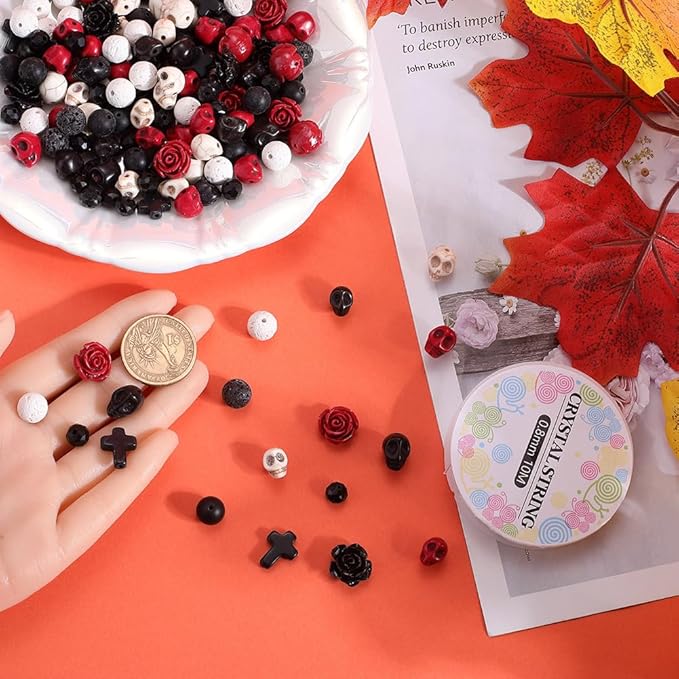 SUNNYCLUE 203Pcs Halloween Skull Beads Skeleton Charms Bulk Natural Lava Rock Synthetic Turquoise Black Stone Cross Flower Rose Spacer Beads for Jewelry Making Bracelets Necklaces DIY Crafts