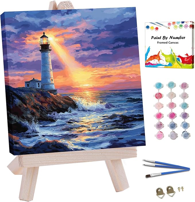 JUJUHOOD Sunset Lighthous Framed Paint by Numbers Kit for Adults Beginner & Kids Ages 8-12,Seaside Paint by Number Without Easel,Paint by Numbers for Gift Home Wall Decor (10x10Inch)